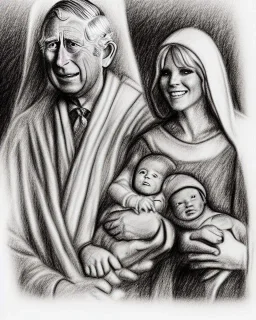 Prince Charles and Camilla in a nativity scene pencil and charcoal sketch