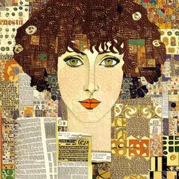 paper collage of a portrait, newspaper pages and wallpaper, background patterned wallpaper, by artist "Gustav Klimt"