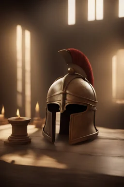 The Roman centurion's helmet lies on an old cracked wooden table. Next to it on the table is a cross on a string and a scroll of parchment. A ray of sunlight reflects off the helmet. All around is the entourage of ancient Rome. High quality image in 8K
