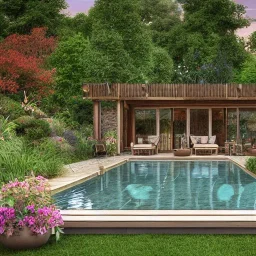 a gorgeous, stunning garden deck with rustic floor, wicker furniture, tranquil pool surrounded by smooth stones, multiple candles, plants, cozy, 8k resolution, high-quality, fine-detail, digital art, detailed matte, volumetric lighting, illustration, 3D octane render, brian froud, howard lyon, selina french, annie stokes, lisa parker, greg rutowski