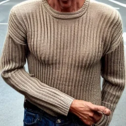 a full picture of a tall rattled skinny man with short dry hair in a light color wearing a knitted sweater with long boney fingers