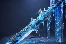 A fantasy sword that is a slender, translucent blade made of ice, shimmering with an ethereal blue glow. Its hilt is crafted from swirling vines, leading to a vibrant crystal at the pommel. With a black background behind it. HD