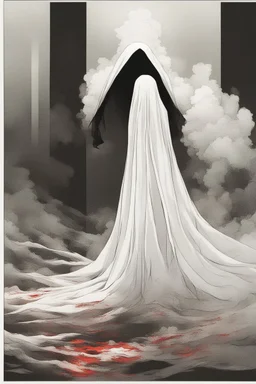 In a place filled with fog, there is an entity wearing long white clothes and wearing a white veil that hides its face, standing behind the ghost of a female with black hair that reaches her jaw, black eyes, and red lips, and wearing a black dress, and she is crying.