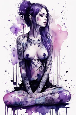 Petit girl goth many tattoos on his body, siting, fullbody, watercolor illustration by <agnes cecile>, purple tones,