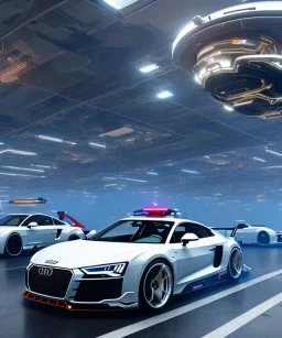 Audi in a cyberpunk futuristic city with flying cars|mdjrny-v4 style| wide angle| intricate detailed| to scale| hyperrealistic| cinematic lighting| digital art| concept art