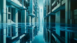 Character in a dreamlike cityscape with crystal-clear water channels, abstract, monolithic buildings with no openings, immaculate walls projecting geometric shadows onto the water, reflections duplicating the enigmatic architecture, an atmosphere of contemplative mystery, diffused, ethereal light, metaphysical hyperrealism style
