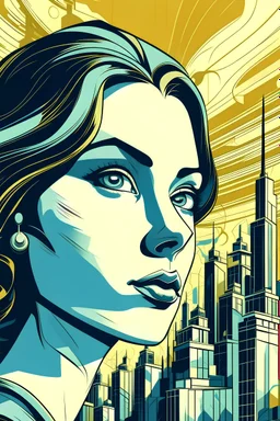 Stylized cityscape with a woman's face.