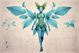 Hand drawn technical,full body illustration , with detailed blueprints and engineering schematics of a hybrid walking leaf insect girl, with highly detailed facial features, drawings, and technical notation, 8k, vibrant natural colors