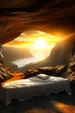 Imagine a surreal landscape at sunrise with a cave tomb in the side of the hill and a stone slab rolled back from the entrance. Inside the cave you can see a shroud folded neatly on the bed where a body would lay. Through an opening in the cave wall you can see the sunrise and two winged angels