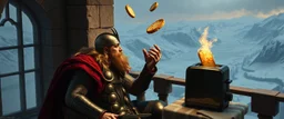 The mighty God Thor sees the toaster spit out some bread. The bread is jumping over his head. In the style of Rembrandt and "Gods of Fallout 4". He is sitting on the balcony of his castle, with a great view over the frozen valley. He is trying to grab the bread quickly.