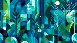 A sharp, geometric and expressionist digital illustration of an abstract garden. Colors are electric blue, dark green and light grey.