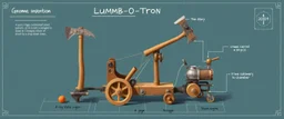 isometric blueprint of Gnome invention, winning prize at gnome convention, The Lumb-O-Tron A jury-rigged combination of a cart, pulley system, and an axe designed to chop down trees. The motion is powered by {a yoga pig in a wheel treadmill spurred by a carrot on a stick | a crude stationary bicycle | a tiny steam engine heated by a red pseudodragon in the chamber}