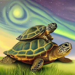 Oil painting style turtle and aurora