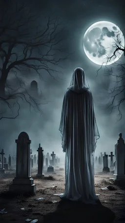 An eerie-looking transparent figure in a robe stands in the center of an abandoned cemetery, full moon