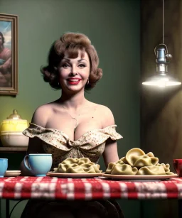 Ultra realistic photographic portrait, happy young Gina Lollobrigida woman sitting with arms resting on Italian kitchen table, pretty tortellini dish, retro dress by 1960, classic style decoration, cold, soft color, highly detailed, unreal engine 5, ray tracing, RTX, lumen lighting, ultra detail, volumetric lighting, high definition.