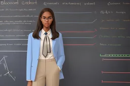 A pretty brown-haired, light-skinned woman in an elegant blue suit stands in a classroom in front of a blackboard with various charts and diagrams, in the sunlight