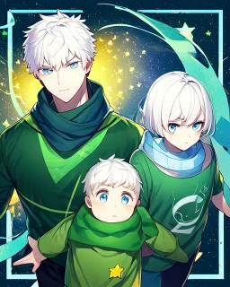 Young boy aged 14, determined, has short white hair, wears a green t-shirt with yellow stripes, wears a scarf with the colors of the rainbow, He is sad but looks ahead with a determined look, has light blue eyes, stars behind the character, and a colorful aura.