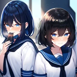 Clear focus,High resolution, Black short fluffy hair, and blue eyes, wearing a sailor uniform, blushing smiling with mouth open, crying, sad eyebrows