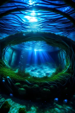 the inside of a well. i´m under the water and looking up at the well. Everything is blue light and surrounded by seaweed