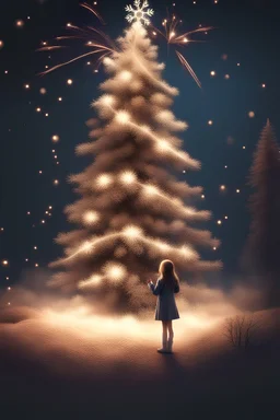 Girl and decorate Christmas tree with little fireworks and snowflake s, night time ,natural vivid colors, dynamic light and shadow, very detailed scene with intricate details, realistic, natural colors ,perfect composition, insanely detailed 32k artistic photography, photorealistic concept art, soft natural volumetric light