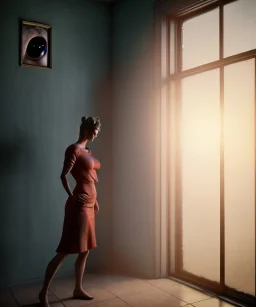 Realistic image, super giant woman head inside a house, looks out through the open windows. people on the street are watching him, soft color, highly detailed, unreal engine 5, ray tracing, RTX, lumen lighting, ultra detail, volumetric lighting, 3d, finely drawn, high definition, high resolution.