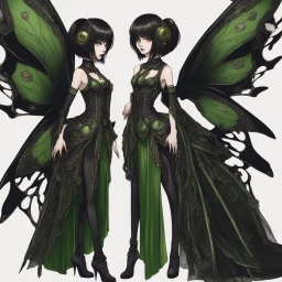 Full body, gothic woman with a bob with a fringe hairstyle, steampunk metal moth wings, green markings, black background