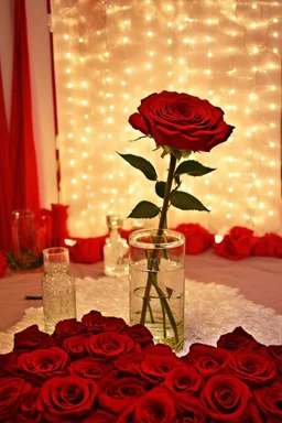 a room decorated with only red roses and lights