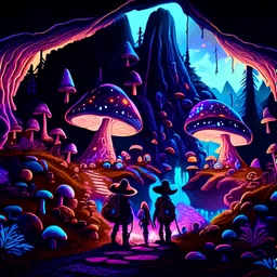 landscape ultra realistic, beautiful, dwarfs in hippie clothes, trippy shiny mushroom city in dark colors, cave