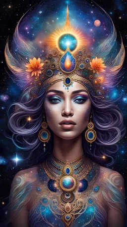an image of a celestial goddess with galaxies swirling in her eyes and cosmic energy emanating from her fingertips. Use intricate details to create a cosmic headdress and incorporate vivid colors to represent the vastness of the universe
