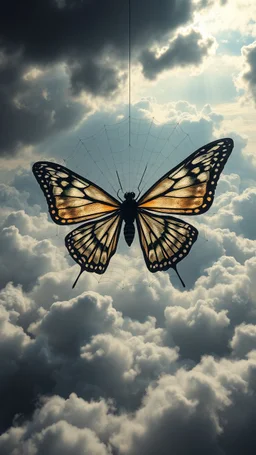 A huge spiderweb above swirling clouds, emerges from the heart of a raging storm. Turbulent winds of steam swirl around the iconic structure, lit by shafts of sunlight that cast dramatic shadows on the A beautiful butterfly in the clouds , High quality 16k cinematic scene and great photography