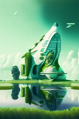 A building in the shape of a space shuttle, water and green spaces