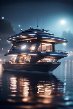 a misty catamaran modular house boat that looks like a dark twisted alien space ship with spotlights, in advanced hi tech dock, bokeh like f/0.8, tilt-shift lens 8k, high detail, smooth render, down-light, unreal engine, prize winning