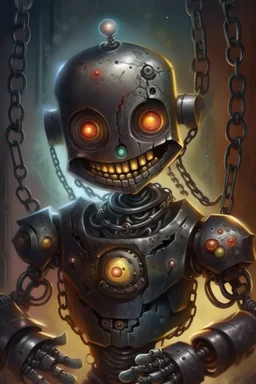 book cover illustration, spotty oil painting portrait of metallic dark faced slightly cute smirking robot vampire holding small earth in chain, bokeh , high detail, smooth render, prize winning