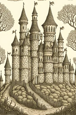 Illustrate a haunted castle straight out of a fairy tale, with twisted towers, ghostly figures, and a winding path leading up to its eerie gates.