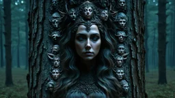 Photorealistic gorgeous point-symmetrical shot of dark bark texture with many ancient female elven goddess faces shaped in the bark. Mist rising from the lower part and across the width of the image. forgotten realms fantasy style by lee jeffries, otherworldly, in the style of fantasy movies, shot on Hasselblad h6d-400c, zeiss prime lens, bokeh like f/0.8, tilt-shift lens, 8k, high detail, smooth render, unreal engine 5, cinema 4d, HDR, dust effect, vivid colors