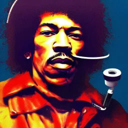 realistic portrait of Jimi Hendrix at a turntable with headphones on being a DJ, cigarette in mouth