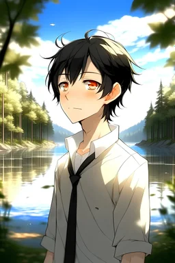 Little anime Boy, black hair with gray streaks, medium length hair, slightly curly, Right eye gold and left eye silver , beautiful, burn on the side of his face. He has a burn mark on the side of his face and neck ، He wears a white shirt and Black pants stand in forst Background forest, lake and clear sky