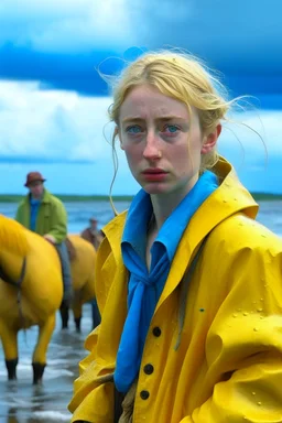 A 23-year-old woman with blond/ brown hair and bright blue eyes stands in the sea, se has a messy bun. dressed in a yellow fisherman's jacket ag. She holds an umbrella, but it offers no protection from the pouring rain. Around her, heavy horses are moving. The rain is pouring heavily. She is standing in the middle of the sea. You can see here completely. Horses only the girl and horses, i wanna see the horses dancing around her.. NOT SEXY!! middle of the sea, green pants, bolder, green