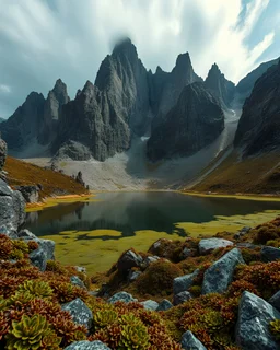 Sublime foto close-up Ilford ad alta definizione di una montagna rocciosa, un lago, surreale, colors, cityscape scifi, collage art, dadaism, sublime, splimapys nero, cielo nero, acqua nera, macabre piante circondano il lago, alghe, hypermaximalist, Max Ernst style, strangeness, intricate, hypnotic, obsessive, 8k, deep 3d field, very accentuated details of the rocks and shtn, eerie, artistic photo, shot on Hasselblad, large format film, medium format film