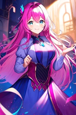 girl, masterpiece, best quality, cinematic lighting, detailed outfit, vibrant colors, perfect eyes, fuchsia hair, blue eyes, long hair, smile,