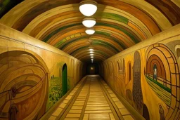 A beige underground tunnel with moles painted by Diego Rivera