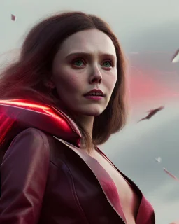 Wanda Maximoff, Elizabeth Olsen, voando e atacando algo, magia vermelha, rajada de energia, cores frias e escuras, dramático, feiticeira escarlate