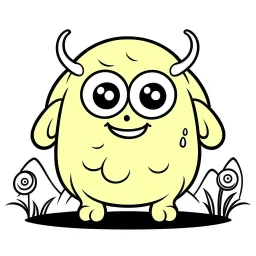 Make black and white cute drawing of a Cyclops with black bold lines. Only outline, no grayscale. A kind and gentle cyclops holding a flower in one hand, Place him in a green valley surrounded by sheep, emphasizing his softer side.