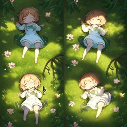 tiny anime girl sleeping in the distance, laying down in a field of flowers, underneath a willow tree, with a butterfly on her nose, hand detail looks human.zoom out