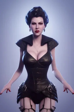 Lana Turner as evil queen in black leather, leather, busty, cleavage, angry, stern look. character design by cory loftis, fenghua zhong, ryohei hase, ismail inceoglu and ruan jia. unreal engine 5, artistic lighting, highly detailed, photorealistic, fantasy