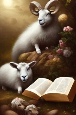 one black sheep reads a book on other site white sheep herd sleep