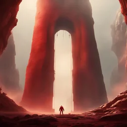 Painting. Mysterious huge ancient Rocky pillar with scifi gate attached with a astronaut (red suit) standing near the gate, destroyed, foggy condition wide-angle, cinematic lighting, perfect golden ratio composition detailed ground environment, haze, ultra-detailed, film photography, light leaks, Larry Bud Melman, trending on artstation, sharp focus, studio photo, intricate details, highly detailed painting