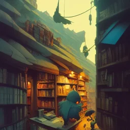 Corner bookshop by Gediminas Pranckevičius, Jean Baptiste Monge, Brian Kesinger, Anton fadeev, Kilian Eng, strong lines, high contrast vibrant colors, highly detailed, 16k resolution, trending on behance""