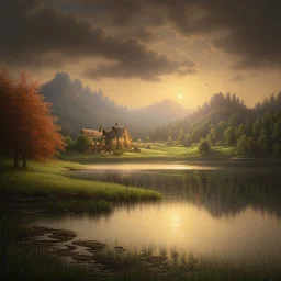 An exquisite oil painting capturing a dreamlike paradise, with a charming little farmhouse nestled by a calm lake. The farmhouse, with its rustic appeal, contrasts against the serene water, surrounded by a lush, verdant forest and rolling hills. The background unfolds into a dramatic landscape, featuring towering mountains and a stunning sunset sky that casts warm, vibrant hues across the scene. The artist's mastery is evident in the seamless blend of traditional oil painting techniques with the