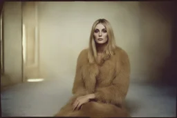 Sharon tate, without a face, , hippie girl, gold fur, in a liminal empty room, old autochrome